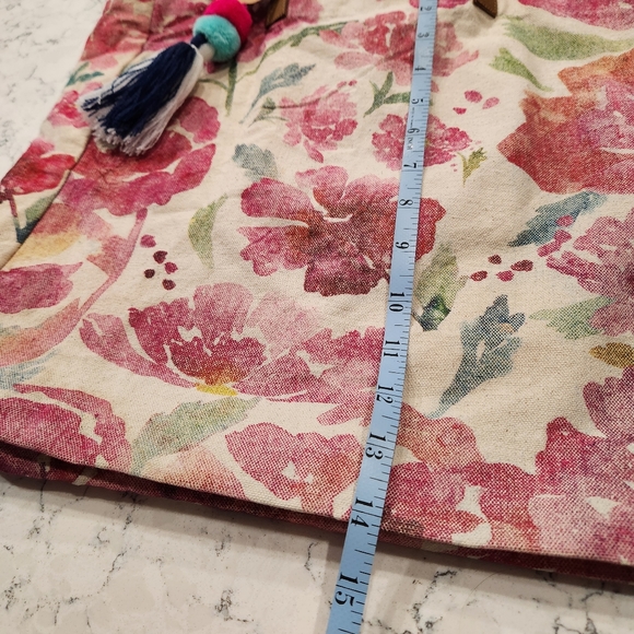 FLORAL FLIRTY POM POM CANVAS TOTE BAG WATERCOLOR ECCOLO NWT cream & pink - Picture 5 of 12